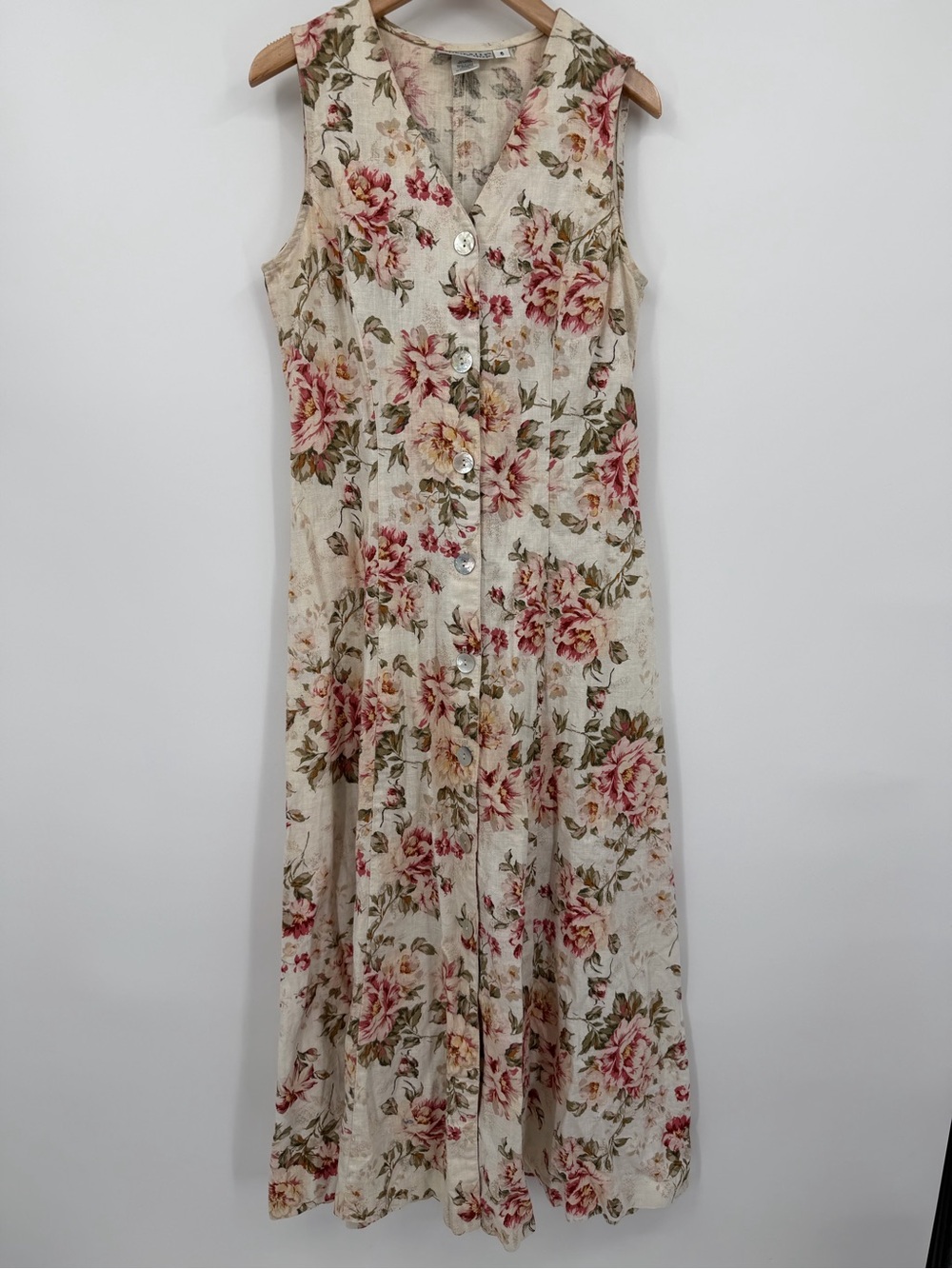 Vintage Linen Cotton Blend Sleeveless Floral Button-Front Midi Dress